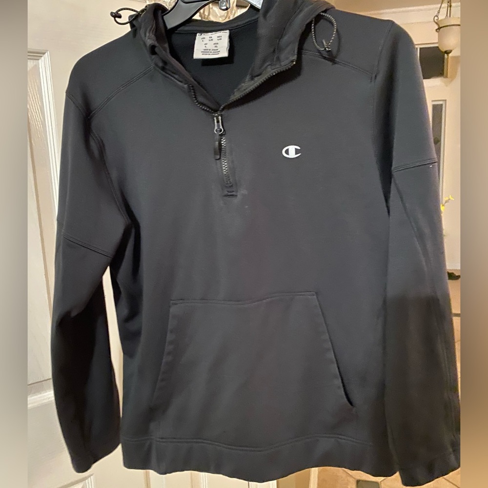Champion hoodie men jacket, size L and black color. Pre-owned, no any defects.